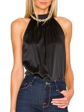 FRAME Shirred Silk-Blend Halter Top in Noir Size XS